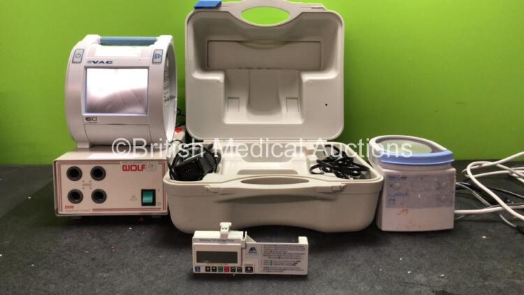 Mixed Lot Including 1 x Mckinley T345 Syringe Pump (Powers Up) 1 x KCI IVAC Pump with 1 x AC Power Supply in Carry Case (No Power with Cracked Screen-See Photo) 1 x Fisher & Paykel MR850AEK Respiratory Humidifier Unit (Powers Up) 1 x Richard Wolf 2320 Tel