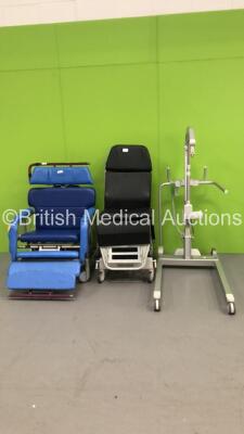 1 x Arjohuntleigh Lourano Bariatric Chair (Damage to Cushions) , 1 x APC Hausted Hydraulic Minor Ops Chair (Hydraulics Tested Working - Missing Lower Foot Cushion) and 1 x Arjo Viking XL Electric Patient Hoist with Controller (Incomplete - See Pictures)