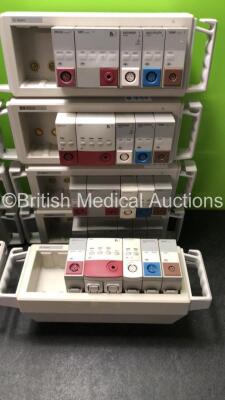 7 x Agilent and 3 x Hewlett Packard Module Racks with 10 x DRUCK Modules, 10 x NBP Modules, 10 x EKG/Resp Modules, 10 x SPO2 Modules and 10 x TEMP Modules - 5