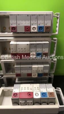 7 x Agilent and 3 x Hewlett Packard Module Racks with 10 x DRUCK Modules, 10 x NBP Modules, 10 x EKG/Resp Modules, 10 x SPO2 Modules and 10 x TEMP Modules - 6