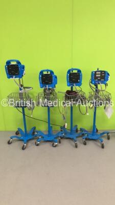 3 x GE Carescape ProCare Auscultatory Vital Signs Monitors on Stands with 3 x BP Hose and 1 x SPO2 Finger Sensor and 1 x GE Carescape V100 Vital Signs Monitor on Stand with SPO2 Finger Sensor and BP Hose (3 x Power Up with Alarm - 1 x No Power - 1 x Missi