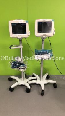 2 x Philips IntelliVue MP50 Neonatal Patient Monitors on Stands with 2 x M3001A Modules with Press/Temp,NBP,SpO2 and ECG/Resp * Mfd 2005 / 2013 * 4 x Temp Modules and Job Lot of Leads (Both Power Up) * Mfd 2012 / 2012 *