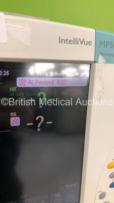 2 x Philips IntelliVue MP50 Neonatal Patient Monitors on Stands with 2 x M3001A Modules with Press/Temp,NBP,SpO2 and ECG/Resp * Mfd 2005 / 2013 * 4 x Temp Modules and Job Lot of Leads (Both Power Up) * Mfd 2012 / 2012 * - 8