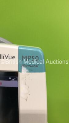 2 x Philips IntelliVue MP50 Neonatal Patient Monitors on Stands with 2 x M3001A Modules with Press/Temp,NBP,SpO2 and ECG/Resp * Mfd 2005 / 2013 * 4 x Temp Modules and Job Lot of Leads (Both Power Up) * Mfd 2012 / 2012 * - 11