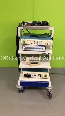 Karl Storz Stack Trolley with Smith & Nephew 350 3-CCD Camera Control Unit,Smith & Nephew 370 Camera Head,CYMO Endoscopy Camera 1156 Control Unit,CYMO 1CCD Camera Head,Smith & Nephew Dyonics 300XL Xenon Light Source Unit and Sony Color Video Printer UP-20