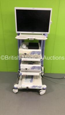 Olympus Stack Trolley Including Olympus OEV261H Monitor * Unable to Test Due to No Power Supply-Monitor Not Mounted *,2 x Olympus Evis Lucera CLV-260SL Processor/Light Source,Olympus Keyboard and Olympus Evis Lucera CV-260SL Processor (Powers Up-Missing B