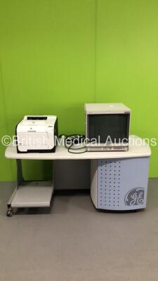 GE Mobile Trolley with Sony Monitor and HP Printer (No Power-Monitor Damaged-See Photos)