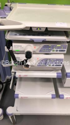 2 x Olympus Stack Trolleys with Olympus OEV261H Monitor, Olympus ECS 260 Connector Cable, Olympus Evis Lucera CV-260SL Digital Processor, Olympus Evis Lucera CV-260SL Light Source and Olympus MAJ-1154 PIgtail Connector (Powers Up) - 5