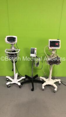 1 x Welch Allyn 53N00 Vital Signs Monitor on Stand with BP Hose (Powers Up) 1 x Omron Digital Blood Pressure Monitor on Stand (No Power) and 1 x Philips SureSigns VM4 Vital Signs Monitor on Stand with SPO2 Finger Sensor, 3 Lead ECG Leads, BP Hose and Cuf