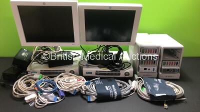 Job Lot Including 2 x Marquette Hellige Solar 8000 Monitors, 2 x GE MD15 Monitor Displays, 5 x Power Supplies, 2 x GE Tram-Rac 4A Module Racks with 3 x Modules and Various Monitor Leads Including ECG Finger Sensors and BP Cuffs