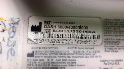 GE Dash 4000 Patient Monitor *Mfd 2011*Including ECG, CO2, NBP, BP1, BP2, SpO2, Temp/CO Options with 1 SpO2 Lead, 1 x SpO2 Finger Sensor and 1 x 5 Lead ECG Connector Cable (Powers Up) - 4