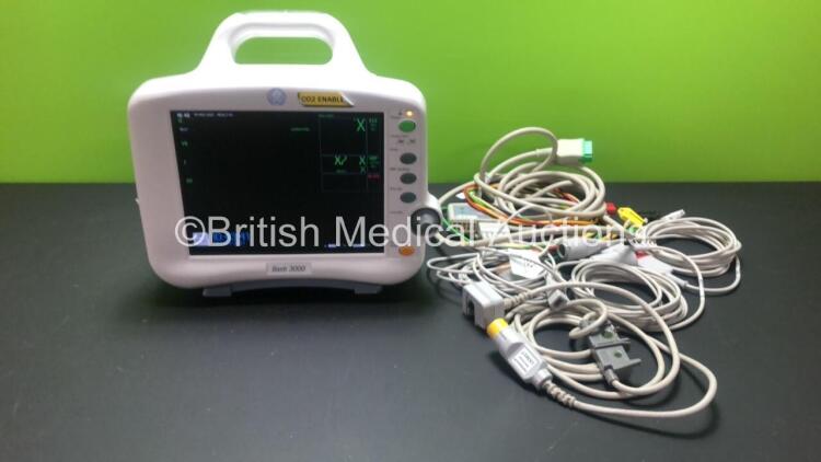 GE Dash 3000 Patient Monitor *Mfd 2011* Including ECG, CO2, NBP, BP1, BP2, SpO2, Temp/CO Options with 1 x C02 Capnostat Cable, 1 x 5 Lead ECG Connector Cable, 2 x BP Cables and 1 x Temp-CO Cable