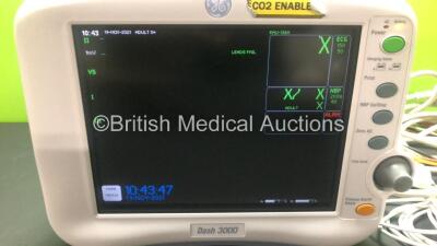 GE Dash 3000 Patient Monitor *Mfd 2011* Including ECG, CO2, NBP, BP1, BP2, SpO2, Temp/CO Options with 1 x C02 Capnostat Cable, 1 x 5 Lead ECG Connector Cable, 2 x BP Cables and 1 x Temp-CO Cable - 2