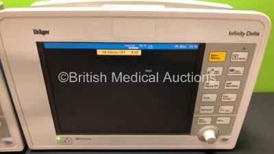 2 x Drager Infinity Delta Patient Monitors with HemoMed 1, Aux - Hemo 3, MultiMed and SpO2 Options and 2 x Power Supplies *Mfd 2008* (Both Power Up with 1 x Missing Side Panel - See Photo) *6000493675 - 6000465581* - 2