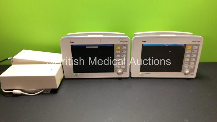 2 x Drager Infinity Delta Patient Monitors with HemoMed 1, Aux - Hemo 2 - 3, MultiMed and SpO2 Options with 2 x Power Supplies *Mfd 2008* (Both Power Up with 2 x Missing Side Panels and Some Casing Damage - See Photo) *6000509677 - 6000460782*