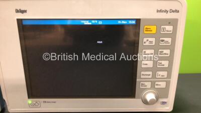 2 x Drager Infinity Delta Patient Monitors with HemoMed 1, Aux - Hemo 2 - 3, MultiMed and SpO2 Options with 2 x Power Supplies *Mfd 2008* (Both Power Up with 2 x Missing Side Panels and Some Casing Damage - See Photo) *6000509677 - 6000460782* - 2