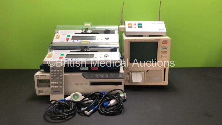 Mixed Lot Including 1 x Olympus OEP Color Video Printer with MH-550 Remote Control, 1 x Baxter Fibrinotherm Warming Stirring Unit, 1 x Nihon Kohden Life Scope 8 Patient Monitor, 3 x Cardinal Health IVAC PCAM Syringe Pumps with Controllers *No Keys*, 3 x W