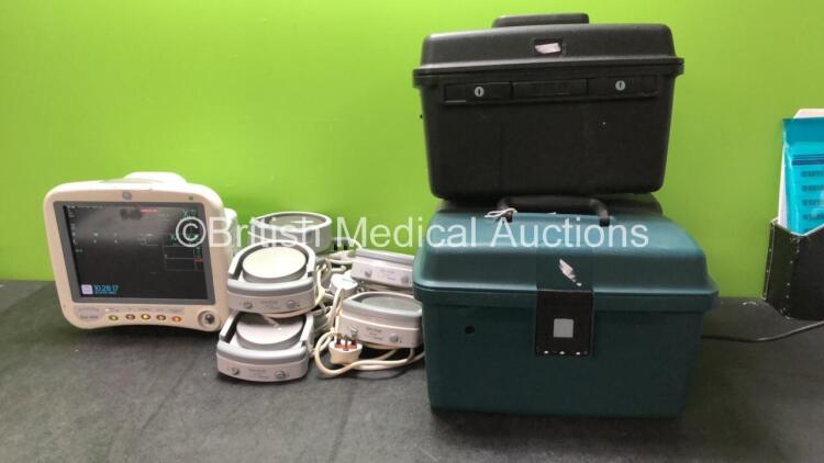 GE DASH 4000 Patient Monitor on Stand with BP 1/3, BP2/4, SPO2, Temp/Co, CO2, NBP and ECG Options (Powers Up - Missing Dial), 6 x Fisher and Paykel HC 150 Ambient Tracking Heated Respiratory Humidifiers (2 x Power Up) and 3 x B&D Electromedical Nippy Vent