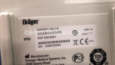 2 x Drager Infinity Delta Patient Monitors with HemoMed 1, Aux - Hemo 3, MultiMed and 1 x SpO2 Options *Mfd 2012 - 2008* (Both Power Up with some Casing Damage - See Photos) *5398793945 - 6004739955* - 7