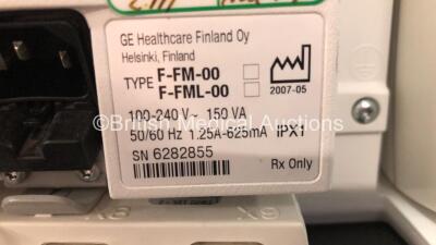 2 x GE Datex-Ohmeda F-FM-00 Patient Monitor *Mfd 2007* with 1 x GE E-PSMP-00 Module *Mfd 2011* and 1 x GE E-PSMPW Module *2012*(Both Power Up with some Casing Damage - See Photos) *6100054 - 6734199* - 7