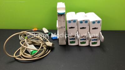 Job Lot Including 3 x GE E-PSM-00 Modules *Mfd 2009 - 2006 - 2005* 1 x GE N-FC-00 Gas Module *Mfd 2010* 1 x SpO2 Lead with Finger Sensor and 1 x ECG Lead *6629659 - 6204575 - 6520929 - 6021411*