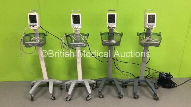 4 x Mindray Datascope Duo Patient Monitors on Stands with 4 x BP Hoses and 4 x SpO2 Finger Sensors (All Power Up) * SN MD13951-K0 / MD15097-K1 / MD07581-C8 / MD07576-C8 *