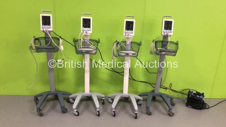 4 x Mindray Datascope Duo Patient Monitors on Stands with 4 x BP Hoses and 4 x SpO2 Finger Sensors (All Power Up) * SN MD09799-B9 / MD09704-B9 / MD15589-C2 / MD17442-B3 *