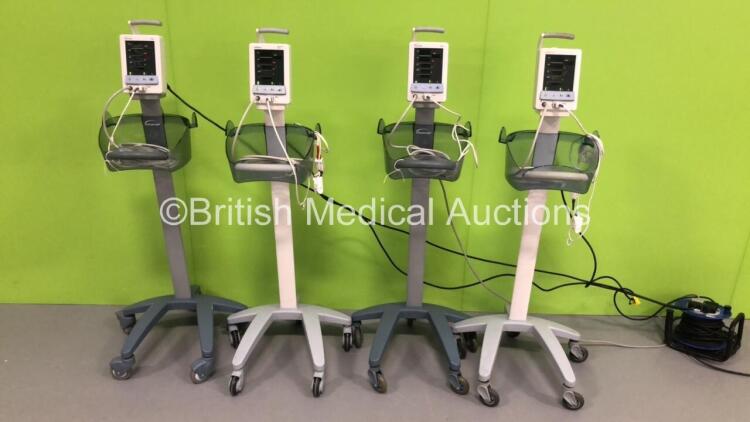 4 x Mindray Datascope Duo Patient Monitors on Stands with 4 x BP Hoses and 4 x SpO2 Finger Sensors (All Power Up) * SN MD17441-B3 / MD09687-B9 / MD10284-C9 / MD16474-H2 *