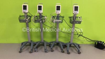 4 x Mindray Datascope Duo Patient Monitors on Stands with 4 x BP Hoses and 4 x SpO2 Finger Sensors (All Power Up) * SN MD10233-C9 / MD07574-C8 / MD09784-B9 / MD09983-C9 *