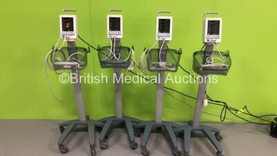 4 x Mindray Datascope Duo Patient Monitors on Stands with 4 x BP Hoses and 4 x SpO2 Finger Sensors (All Power Up-1 x Broken Handle on Stand) * SN MD07549-C8 / MD07539-C8 / MD06284-H7 / MD09683-B9 *