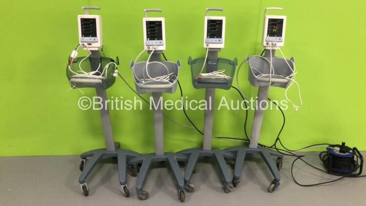 4 x Mindray Datascope Duo Patient Monitors on Stands with 4 x BP Hoses and 4 x SpO2 Finger Sensors (All Power Up) * SN MD15098-K1 / MD08242-E8 / MD07546-C8 / MD0973-C7 *