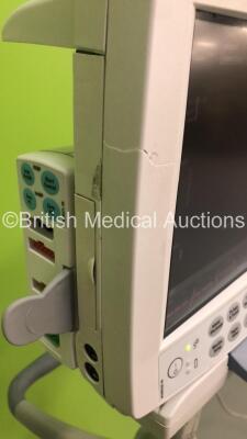 GE S5 F-FM-01 Patient Monitor on Stand with 1 x E-PSMP-00 Module with NIBP,P1/P2,T1/T2,SpO2 and ECG Options * Mfd 2010 * (Powers Up-Crack to Casing-See Photos) * SN 6657879 / 6646197 * * Mfd 2010 * - 7