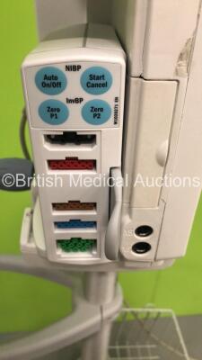 GE S5 F-FM-01 Patient Monitor on Stand with 1 x E-PSMP-00 Module with NIBP,P1/P2,T1/T2,SpO2 and ECG Options * Mfd 2010 * (Powers Up-Crack to Casing-See Photos) * SN 6657879 / 6646197 * * Mfd 2010 * - 11