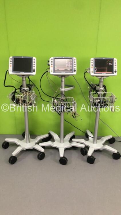 3 x GE Dash 2500 Patient Monitors on Stands with SpO2,ECG,NIBP Options,2 x SpO2 Finger Sensors,3 x BP Hoses and 3 x 3-Lead ECG Leads (2 x Power Up,1 x No Power)