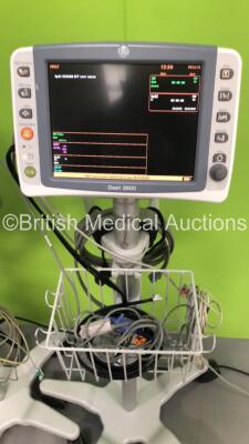 3 x GE Dash 2500 Patient Monitors on Stands with SpO2,ECG,NIBP Options,2 x SpO2 Finger Sensors,3 x BP Hoses and 3 x 3-Lead ECG Leads (2 x Power Up,1 x No Power) - 2