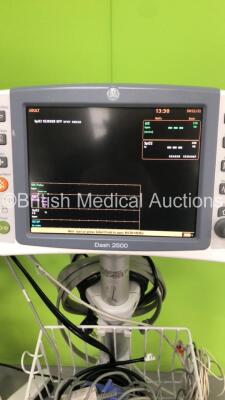 3 x GE Dash 2500 Patient Monitors on Stands with SpO2,ECG,NIBP Options,2 x SpO2 Finger Sensors,3 x BP Hoses and 3 x 3-Lead ECG Leads (2 x Power Up,1 x No Power) - 4