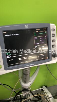 3 x GE Dash 2500 Patient Monitors on Stands with SpO2,ECG,NIBP Options,2 x SpO2 Finger Sensors,3 x BP Hoses and 3 x 3-Lead ECG Leads (2 x Power Up,1 x No Power) - 7