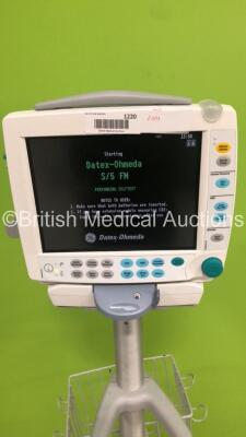 GE S5 F-FM-01 Patient Monitor on Stand with 1 x E-PSMP-01 Module with NIBP,P1/P2,T1/T2,SpO2 and ECG Options * Mfd 2018 - Small Chip-See Photos * and 1 x N-FC-00 Module with Mini D-Fend Water Trap * Mfd 2009 * (Powers Up-Small Chip to Casing-See Photos) * - 3