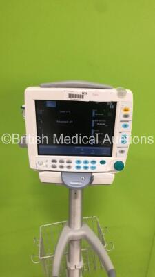 GE S5 F-FM-01 Patient Monitor on Stand with 1 x E-PSMP-01 Module with NIBP,P1/P2,T1/T2,SpO2 and ECG Options * Mfd 2018 - Small Chip-See Photos * and 1 x N-FC-00 Module with Mini D-Fend Water Trap * Mfd 2009 * (Powers Up-Small Chip to Casing-See Photos) * - 5