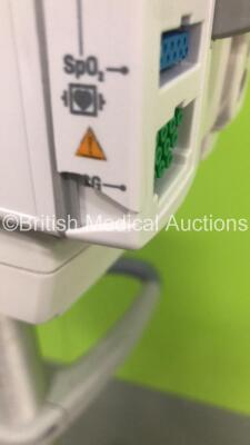 GE S5 F-FM-01 Patient Monitor on Stand with 1 x E-PSMP-01 Module with NIBP,P1/P2,T1/T2,SpO2 and ECG Options * Mfd 2018 - Small Chip-See Photos * and 1 x N-FC-00 Module with Mini D-Fend Water Trap * Mfd 2009 * (Powers Up-Small Chip to Casing-See Photos) * - 8