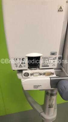 GE S5 F-FM-01 Patient Monitor on Stand with 1 x E-PSMP-01 Module with NIBP,P1/P2,T1/T2,SpO2 and ECG Options * Mfd 2018 - Small Chip-See Photos * and 1 x N-FC-00 Module with Mini D-Fend Water Trap * Mfd 2009 * (Powers Up-Small Chip to Casing-See Photos) * - 9