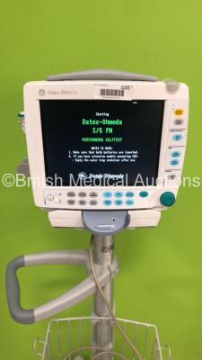 GE S5 F-FM-00 Patient Monitor on Stand with 1 x E-PSMP-01 Module with NIBP,P1/P2,T1/T2,SpO2 and ECG Options * Mfd 2016 * and 1 x N-FC-00 Module with Mini D-Fend Water Trap * Mfd 2012 * (Powers Up-Small Chip to Casing-See Photos) * SN 6577679 / 8009582 / 6 - 2