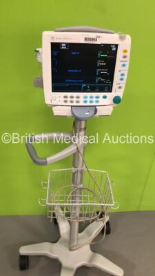 GE S5 F-FM-00 Patient Monitor on Stand with 1 x E-PSMP-01 Module with NIBP,P1/P2,T1/T2,SpO2 and ECG Options * Mfd 2016 * and 1 x N-FC-00 Module with Mini D-Fend Water Trap * Mfd 2012 * (Powers Up-Small Chip to Casing-See Photos) * SN 6577679 / 8009582 / 6 - 3