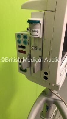 GE S5 F-FM-00 Patient Monitor on Stand with 1 x E-PSMP-01 Module with NIBP,P1/P2,T1/T2,SpO2 and ECG Options * Mfd 2016 * and 1 x N-FC-00 Module with Mini D-Fend Water Trap * Mfd 2012 * (Powers Up-Small Chip to Casing-See Photos) * SN 6577679 / 8009582 / 6 - 4