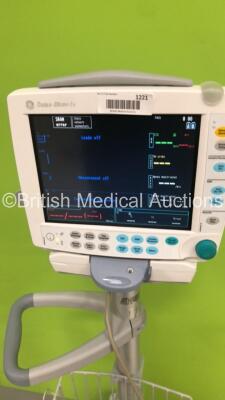 GE S5 F-FM-00 Patient Monitor on Stand with 1 x E-PSMP-01 Module with NIBP,P1/P2,T1/T2,SpO2 and ECG Options * Mfd 2016 * and 1 x N-FC-00 Module with Mini D-Fend Water Trap * Mfd 2012 * (Powers Up-Small Chip to Casing-See Photos) * SN 6577679 / 8009582 / 6 - 5