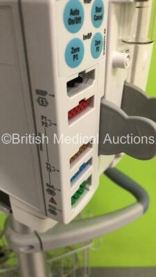 GE S5 F-FM-00 Patient Monitor on Stand with 1 x E-PSMP-01 Module with NIBP,P1/P2,T1/T2,SpO2 and ECG Options * Mfd 2016 * and 1 x N-FC-00 Module with Mini D-Fend Water Trap * Mfd 2012 * (Powers Up-Small Chip to Casing-See Photos) * SN 6577679 / 8009582 / 6 - 7