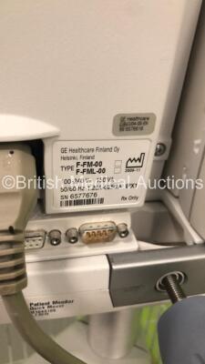 GE S5 F-FM-00 Patient Monitor on Stand with 1 x E-PSMP-00 Module with NIBP,P1/P2,T1/T2,SpO2 and ECG Options * Mfd 2010 - Crack to Casing-See Photos * and 1 x N-FC-00 Module with Mini D-Fend Water Trap * Mfd 2010 * (Powers Up-Damage to Casing-See Photos) * - 6