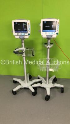 1 x GE S5 F-FM-00 Patient Monitor on Stand with 1 x N-FC-00 Module with Mini D-Fend Water Trap * Mfd 2012 * and 1 x GE S5 F-FM-01 Patient Monitor on Stand with 1 x E-PSMP-00 Module with NIBP,P1/P2.T1/T2,SpO2 and ECG Options * Mfd 2009 * (Both Power Up) * 