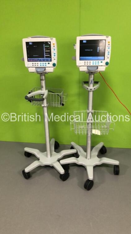 1 x GE S5 F-FM-00 Patient Monitor on Stand with 1 x N-FC-00 Module with Mini D-Fend Water Trap * Mfd 2012 * and 1 x GE S5 F-FM-01 Patient Monitor on Stand with 1 x E-PSMP-00 Module with NIBP,P1/P2.T1/T2,SpO2 and ECG Options * Mfd 2009 * (Both Power Up) *