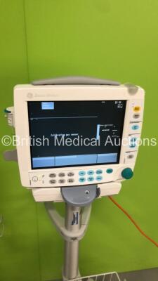 1 x GE S5 F-FM-00 Patient Monitor on Stand with 1 x N-FC-00 Module with Mini D-Fend Water Trap * Mfd 2012 * and 1 x GE S5 F-FM-01 Patient Monitor on Stand with 1 x E-PSMP-00 Module with NIBP,P1/P2.T1/T2,SpO2 and ECG Options * Mfd 2009 * (Both Power Up) * - 3